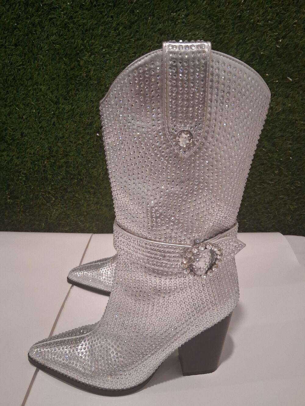 Forever 21 Marxa Rhinestone Western Boots Silver Cowgirl Festival Size 7...